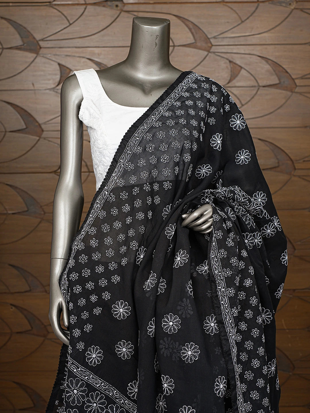 Ada Hand Embroidered Black Cotton Lucknowi Chikankari Dupatta 01A792541