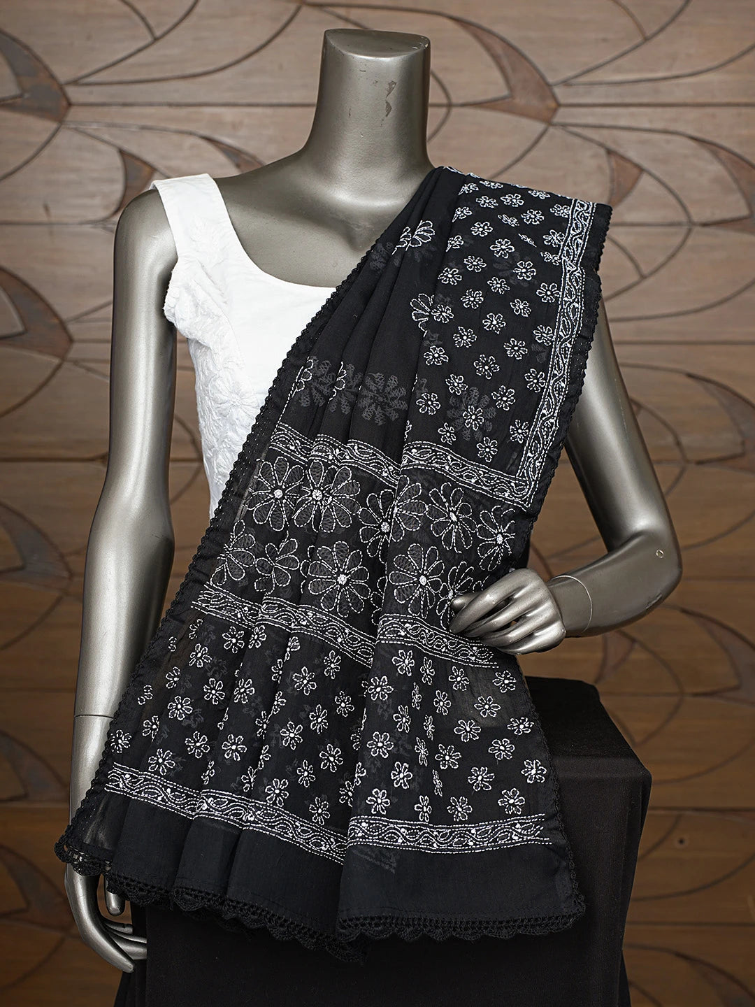 Ada Hand Embroidered Black Cotton Lucknowi Chikankari Dupatta 01A792541