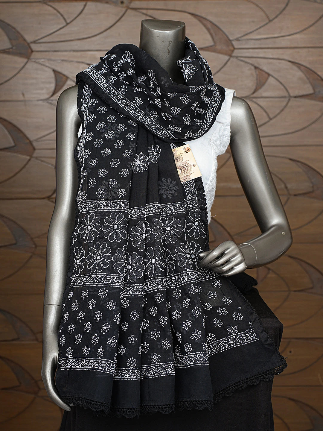 Ada Hand Embroidered Black Cotton Lucknowi Chikankari Dupatta 01A792541