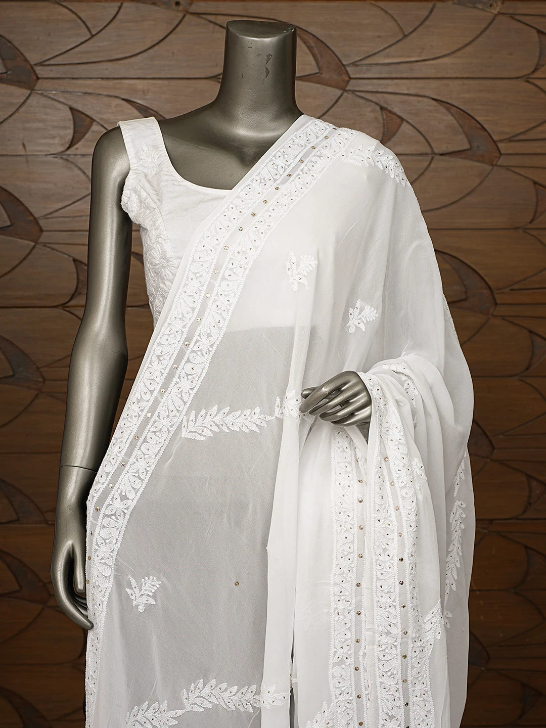 Ada Hand Embroidered White Viscose Georgette Lucknowi Chikankari Dupatta With Mukaish Work 01A741553