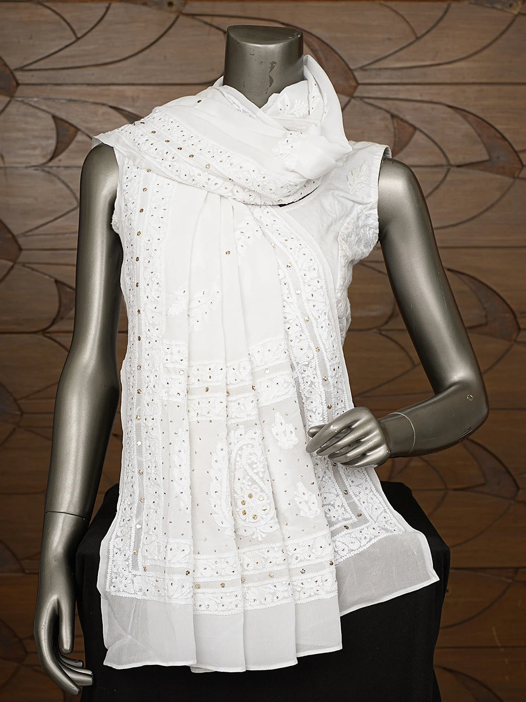 Ada Hand Embroidered White Viscose Georgette Lucknowi Chikankari Dupatta With Mukaish Work 01A741553