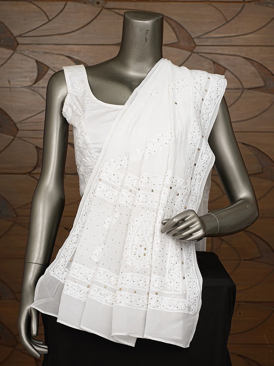 Ada Hand Embroidered White Viscose Georgette Lucknowi Chikankari Dupatta With Mukaish Work 01A741553