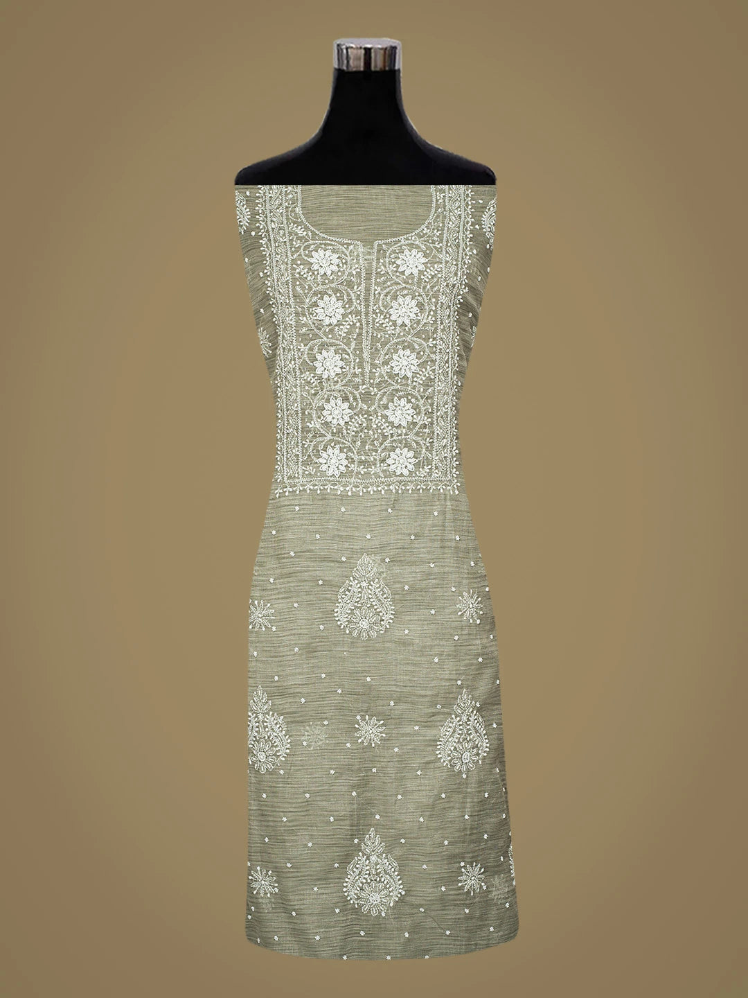 Ada Hand Embroidered Olive Green Tissue Lucknowi Chikankari Unstitched Kurta Dupatta Set With Cutdana Work 01A737462