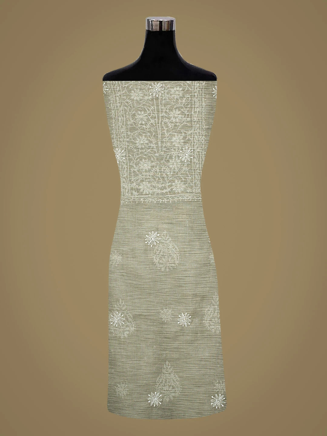 Ada Hand Embroidered Olive Green Tissue Lucknowi Chikankari Unstitched Kurta Dupatta Set With Cutdana Work 01A737462