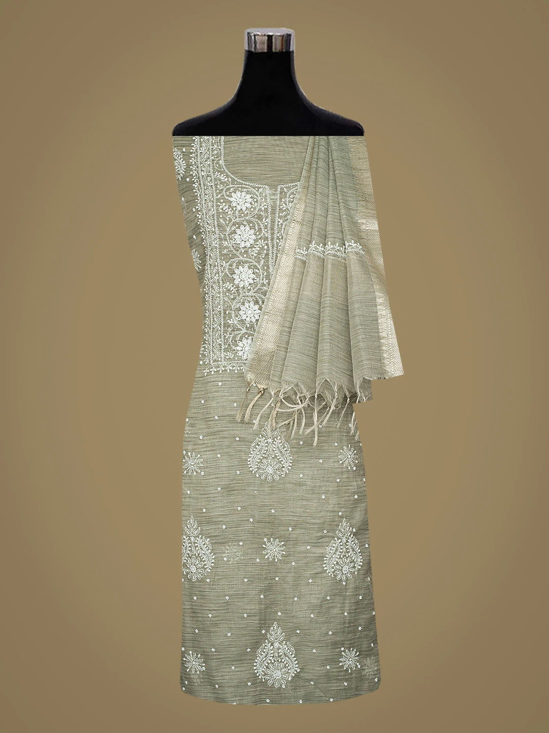 Ada Hand Embroidered Olive Green Tissue Lucknowi Chikankari Unstitched Kurta Dupatta Set With Cutdana Work 01A737462
