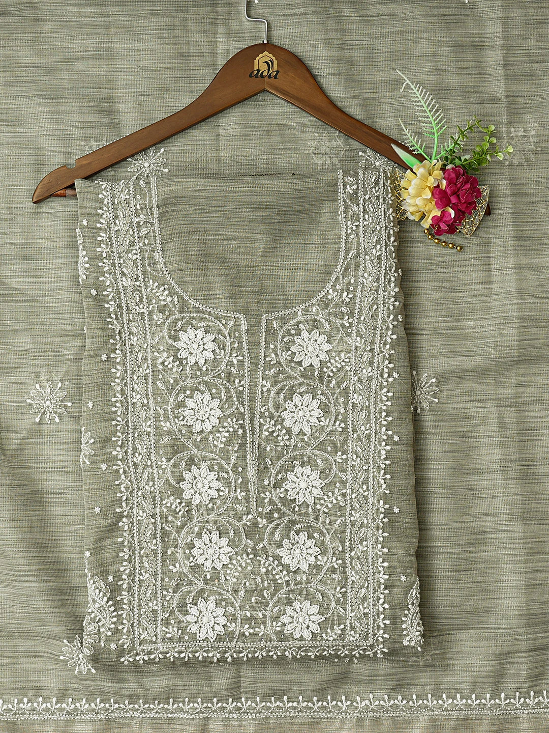 Ada Hand Embroidered Olive Green Tissue Lucknowi Chikankari Unstitched Kurta Dupatta Set With Cutdana Work 01A737462