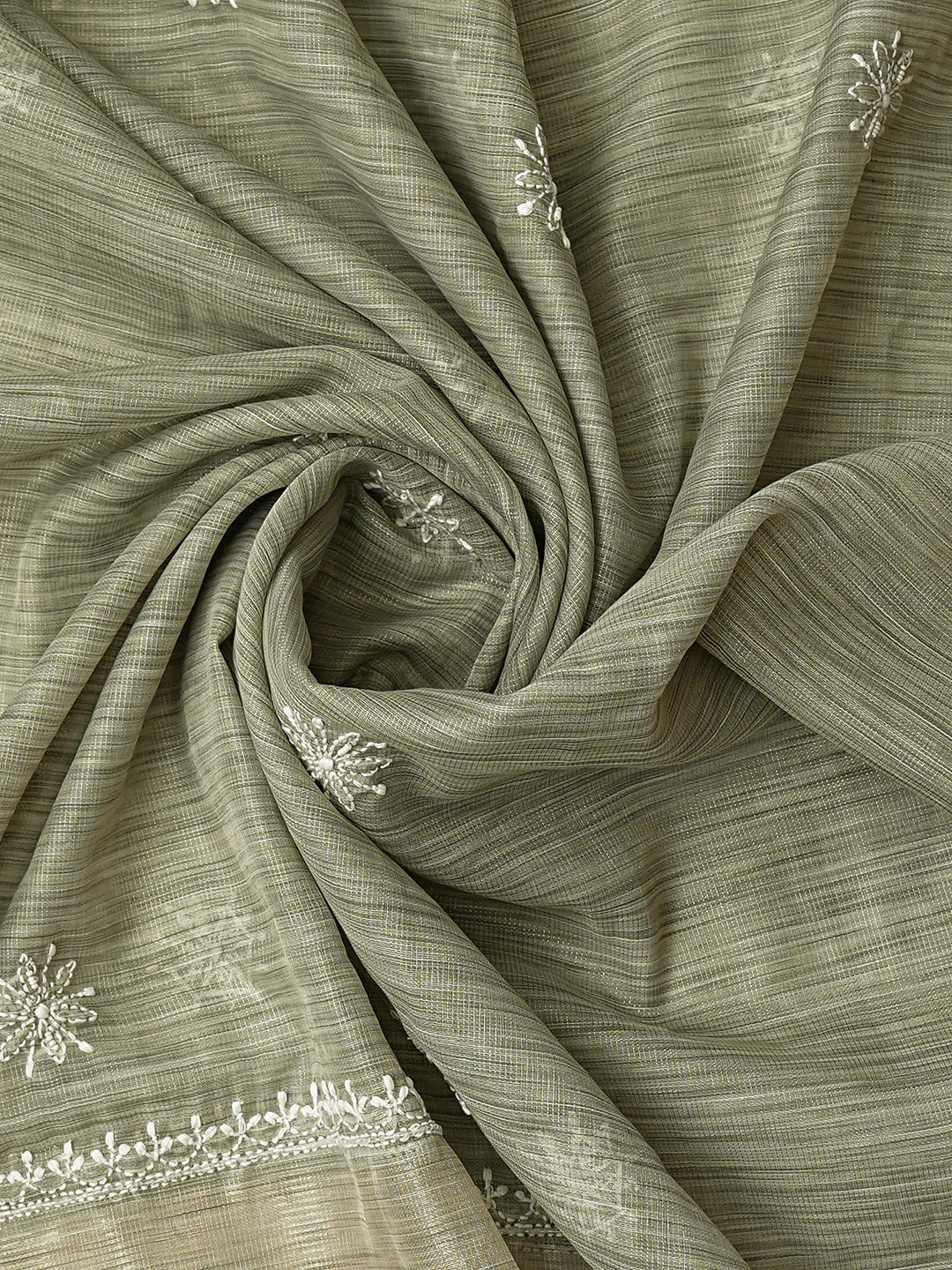Ada Hand Embroidered Olive Green Tissue Lucknowi Chikankari Unstitched Kurta Dupatta Set With Cutdana Work 01A737462