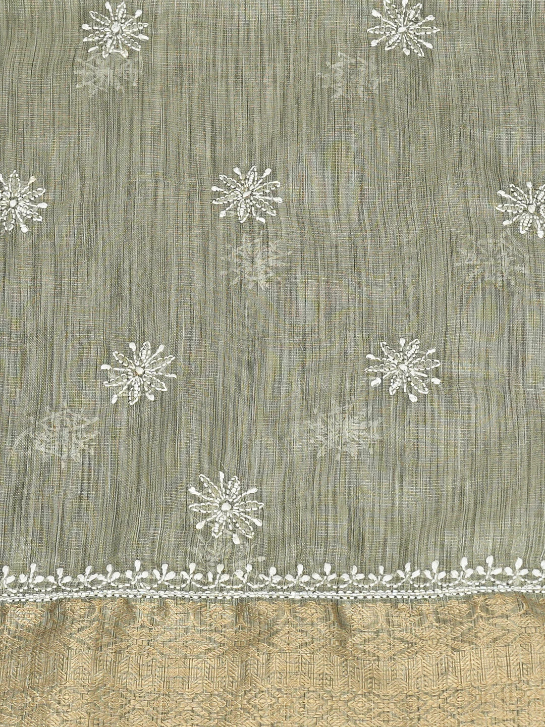 Ada Hand Embroidered Olive Green Tissue Lucknowi Chikankari Unstitched Kurta Dupatta Set With Cutdana Work 01A737462