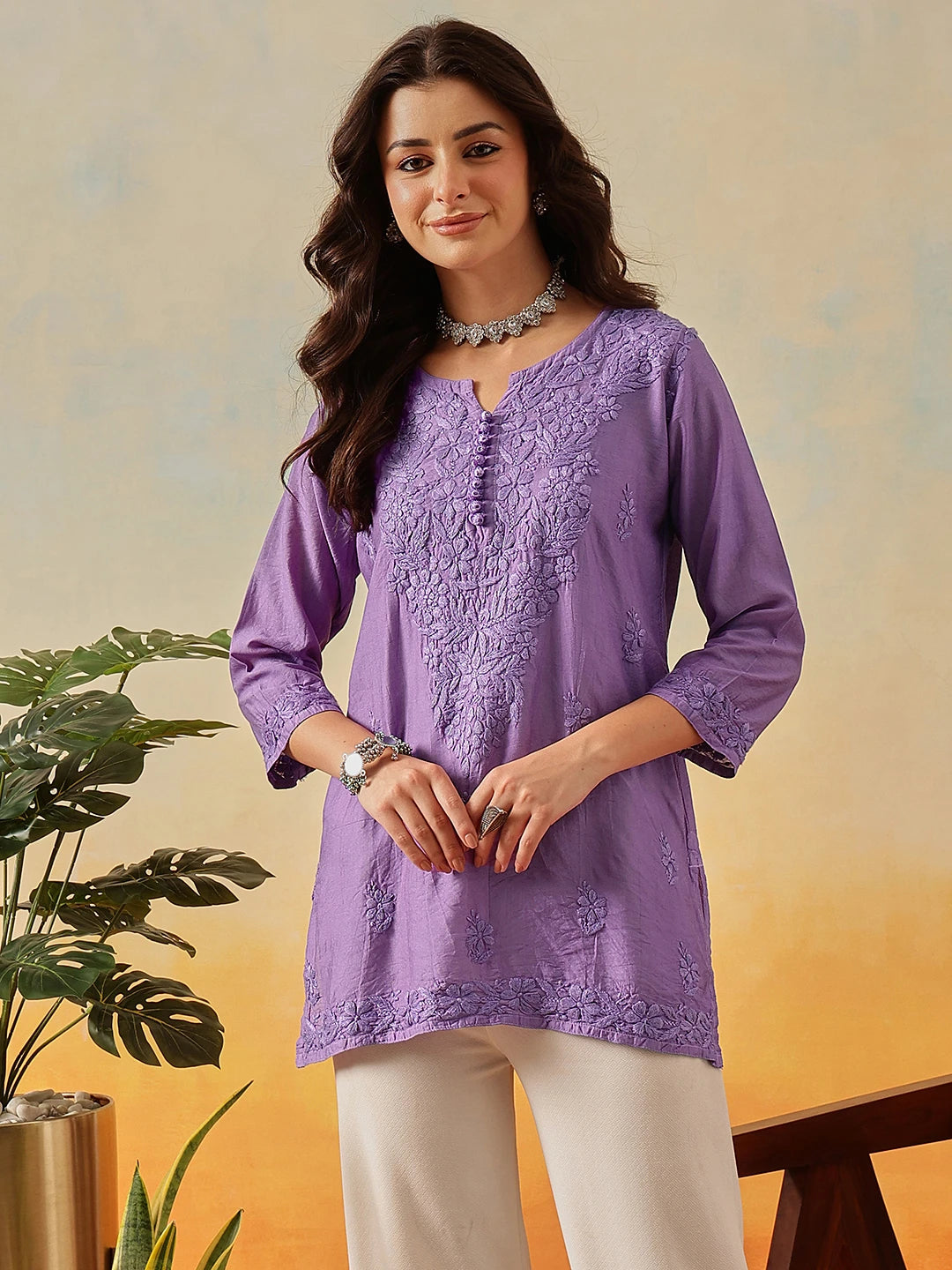 Ada Hand Embroidered Mauve Chanderi Lucknowi Chikankari Short Kurti A911508