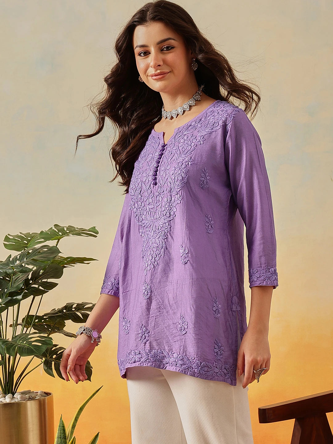 Ada Hand Embroidered Mauve Chanderi Lucknowi Chikankari Short Kurti A911508