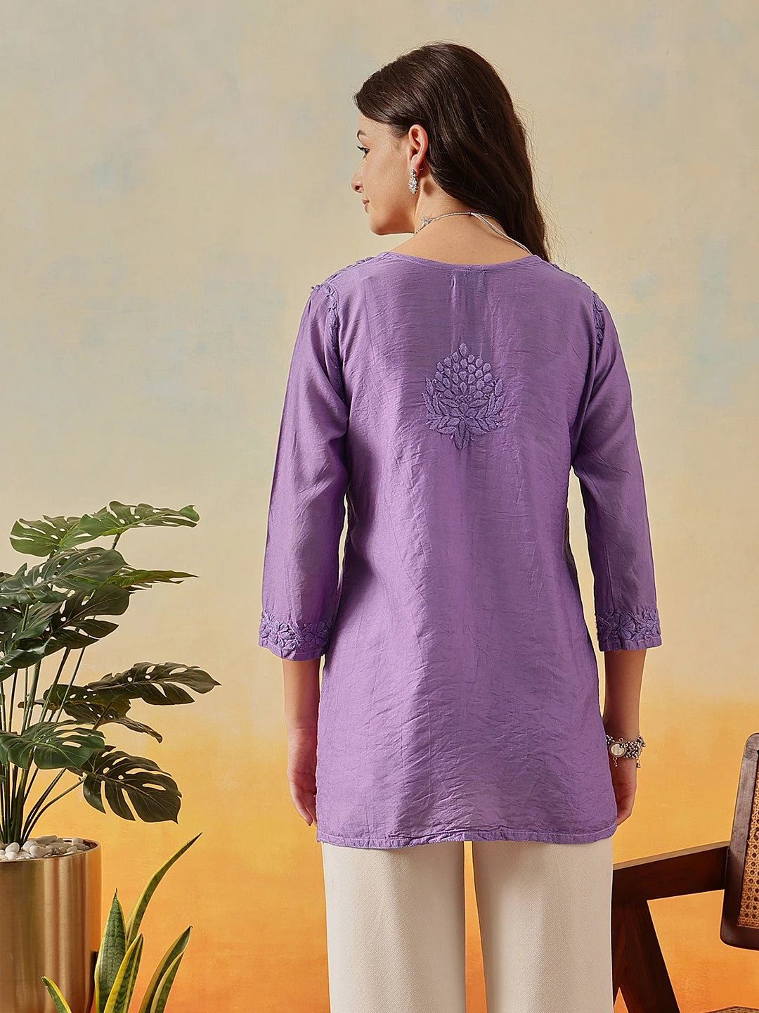 Ada Hand Embroidered Mauve Chanderi Lucknowi Chikankari Short Kurti A911508