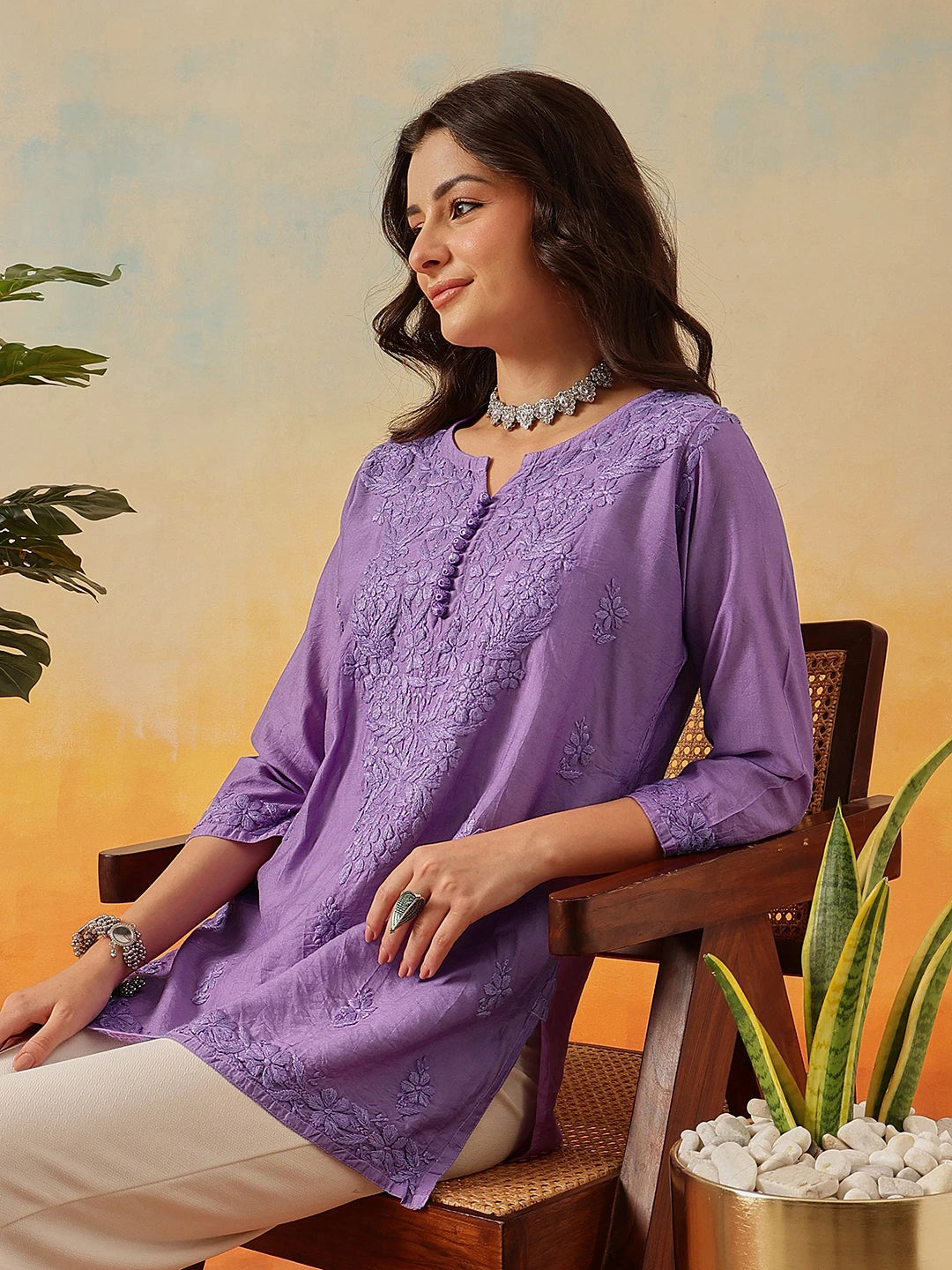 Ada Hand Embroidered Mauve Chanderi Lucknowi Chikankari Short Kurti A911508