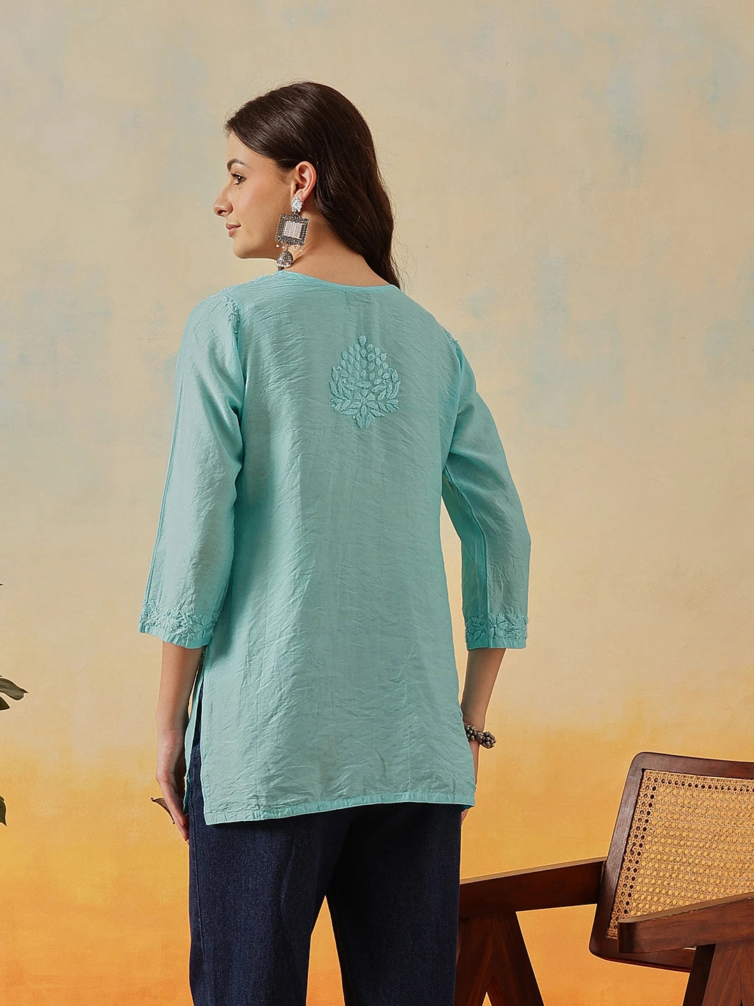 Ada Hand Embroidered Sky Blue Chanderi Lucknowi Chikankari Short Kurti A911510