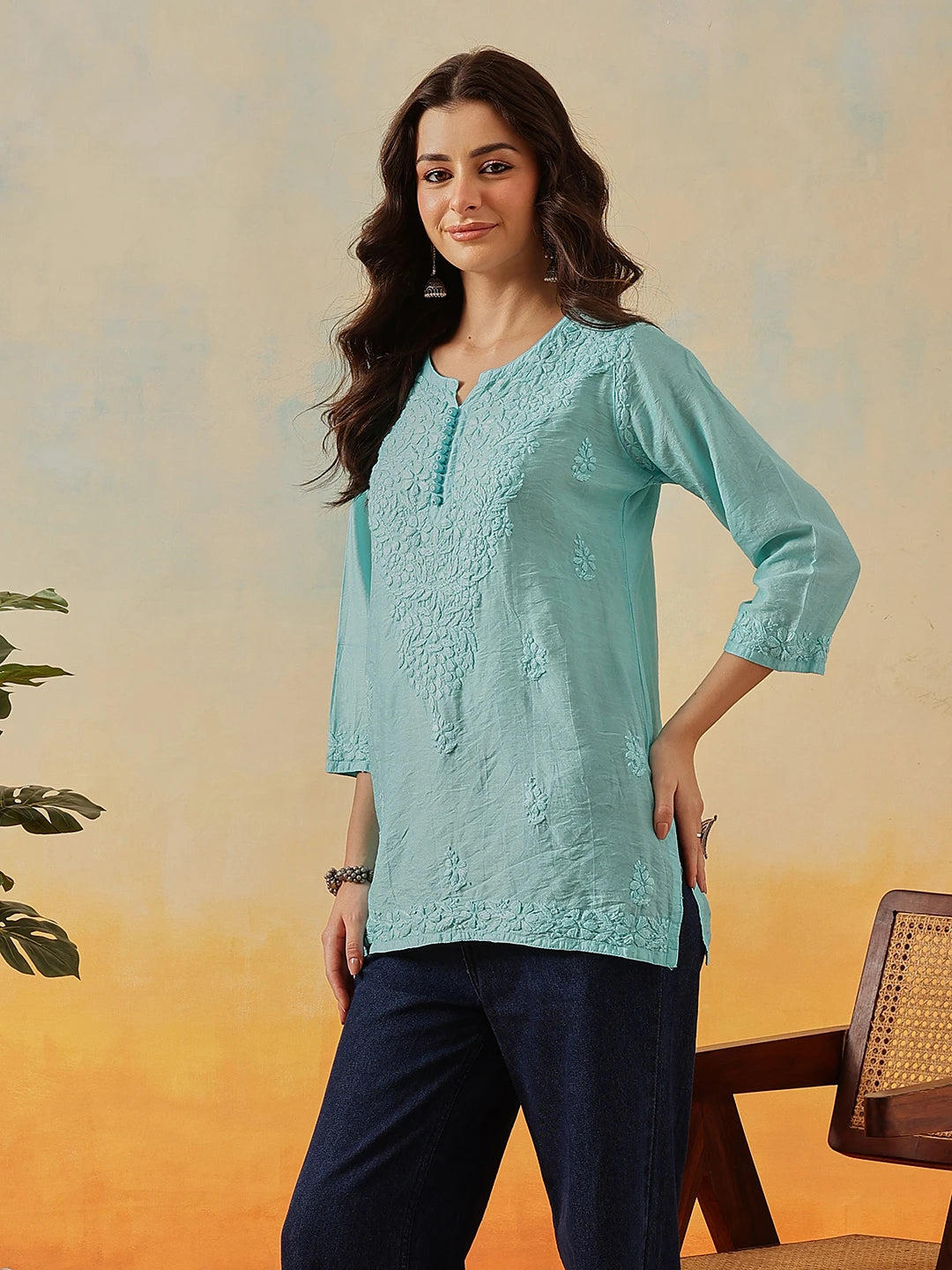 Ada Hand Embroidered Sky Blue Chanderi Lucknowi Chikankari Short Kurti A911510