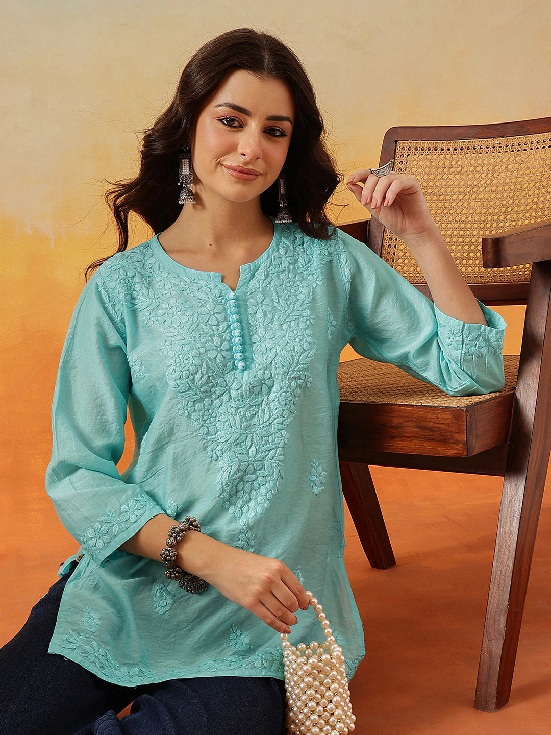Ada Hand Embroidered Sky Blue Chanderi Lucknowi Chikankari Short Kurti A911510