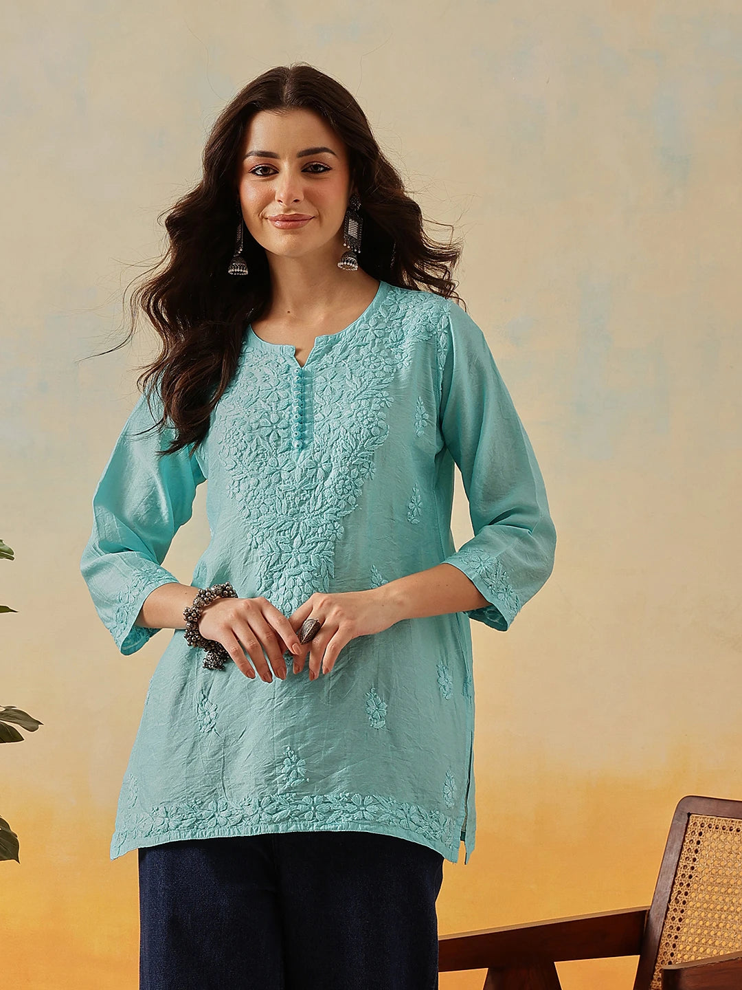 Ada Hand Embroidered Sky Blue Chanderi Lucknowi Chikankari Short Kurti A911510