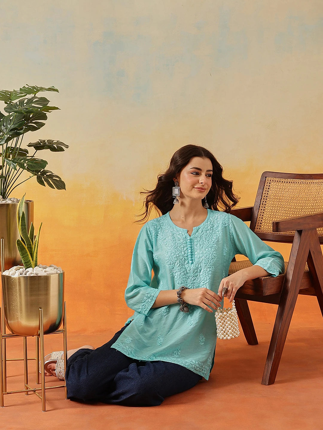 Ada Hand Embroidered Sky Blue Chanderi Lucknowi Chikankari Short Kurti A911510
