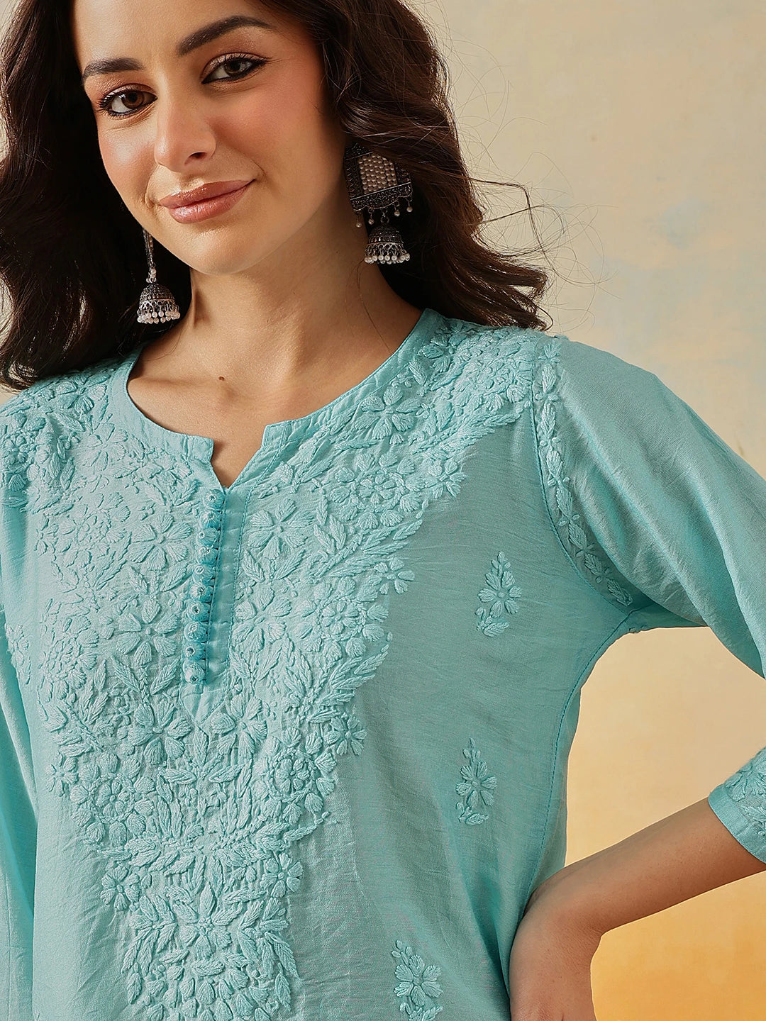 Ada Hand Embroidered Sky Blue Chanderi Lucknowi Chikankari Short Kurti A911510
