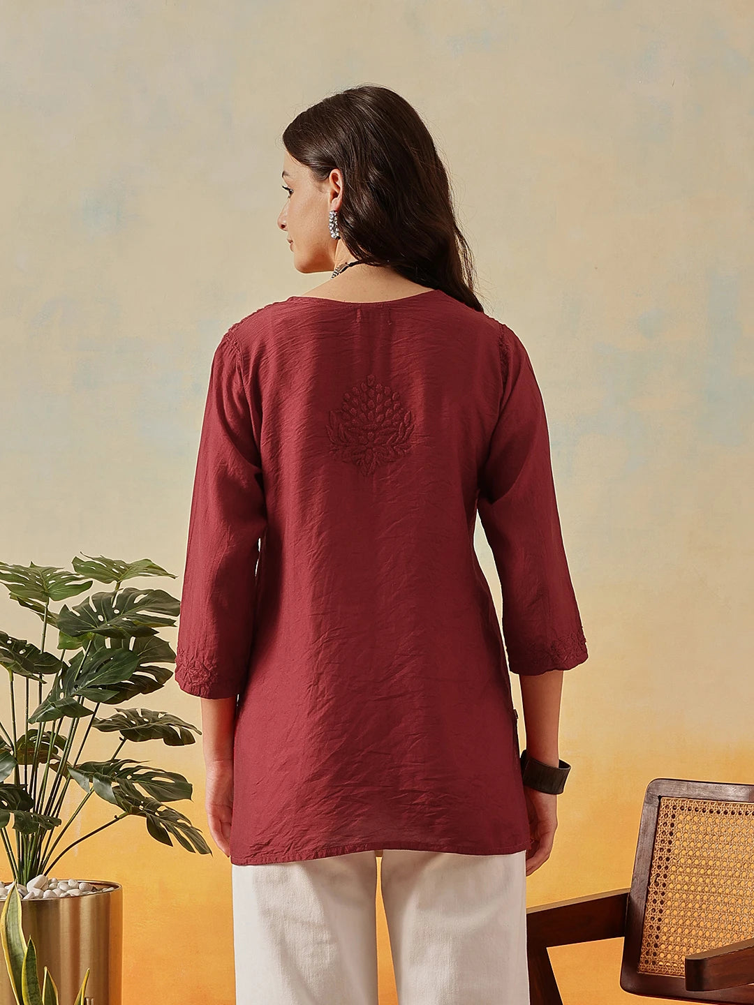 Ada Hand Embroidered Maroon Chanderi Lucknowi Chikankari Short Kurti A911509
