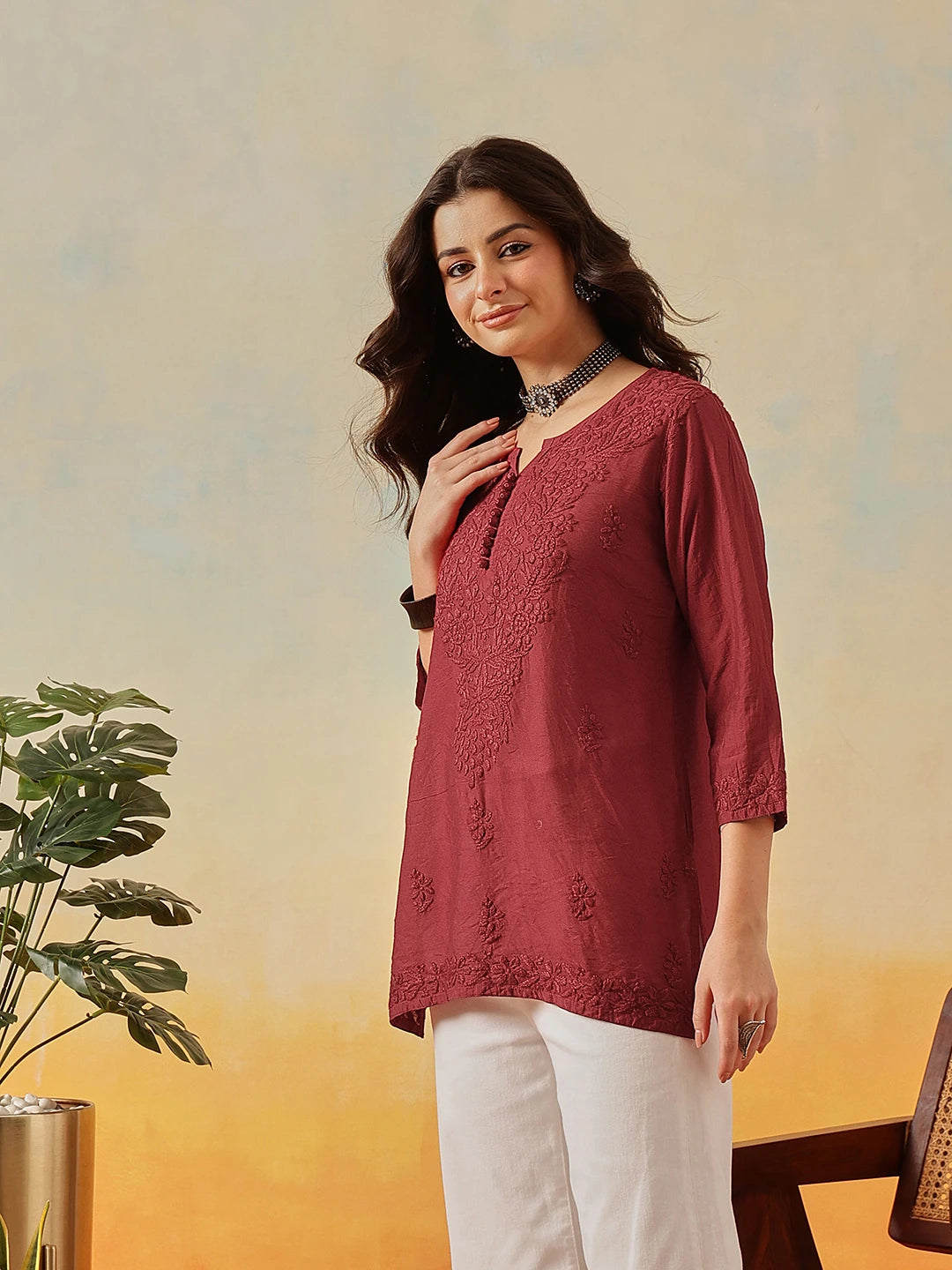Ada Hand Embroidered Maroon Chanderi Lucknowi Chikankari Short Kurti A911509