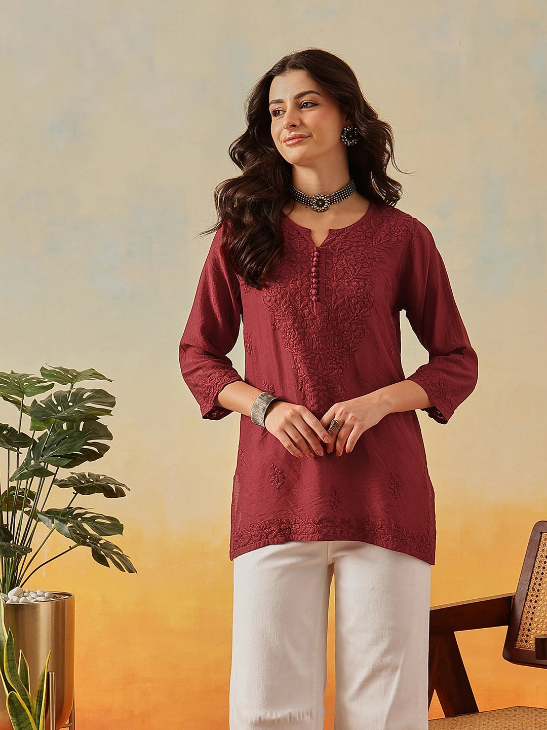 Ada Hand Embroidered Maroon Chanderi Lucknowi Chikankari Short Kurti A911509