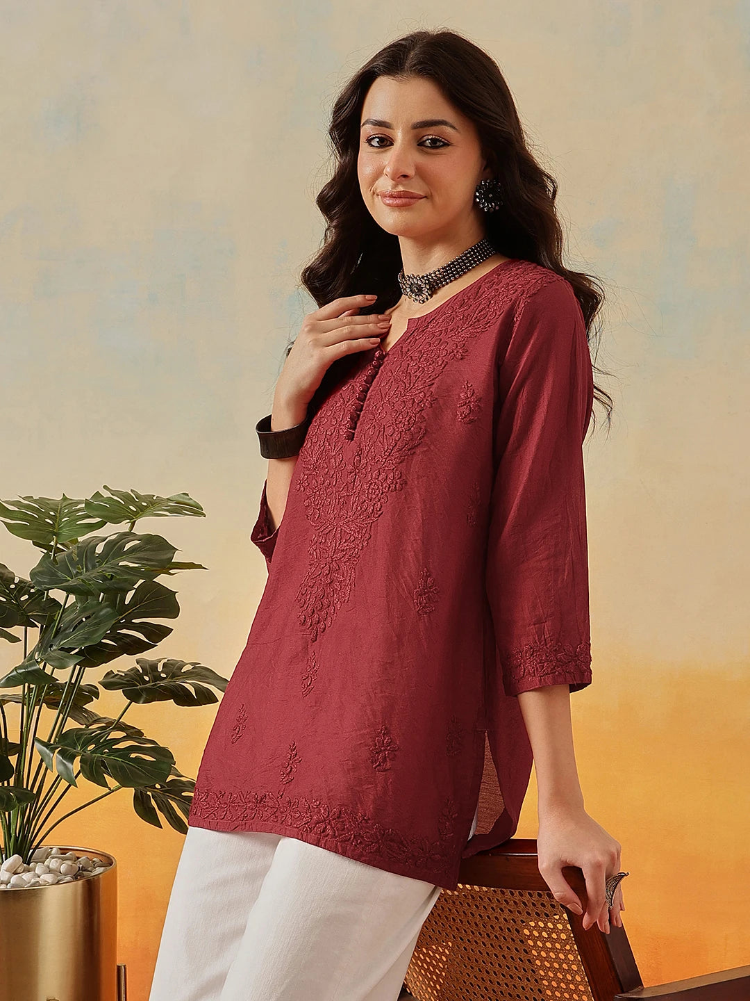Ada Hand Embroidered Maroon Chanderi Lucknowi Chikankari Short Kurti A911509