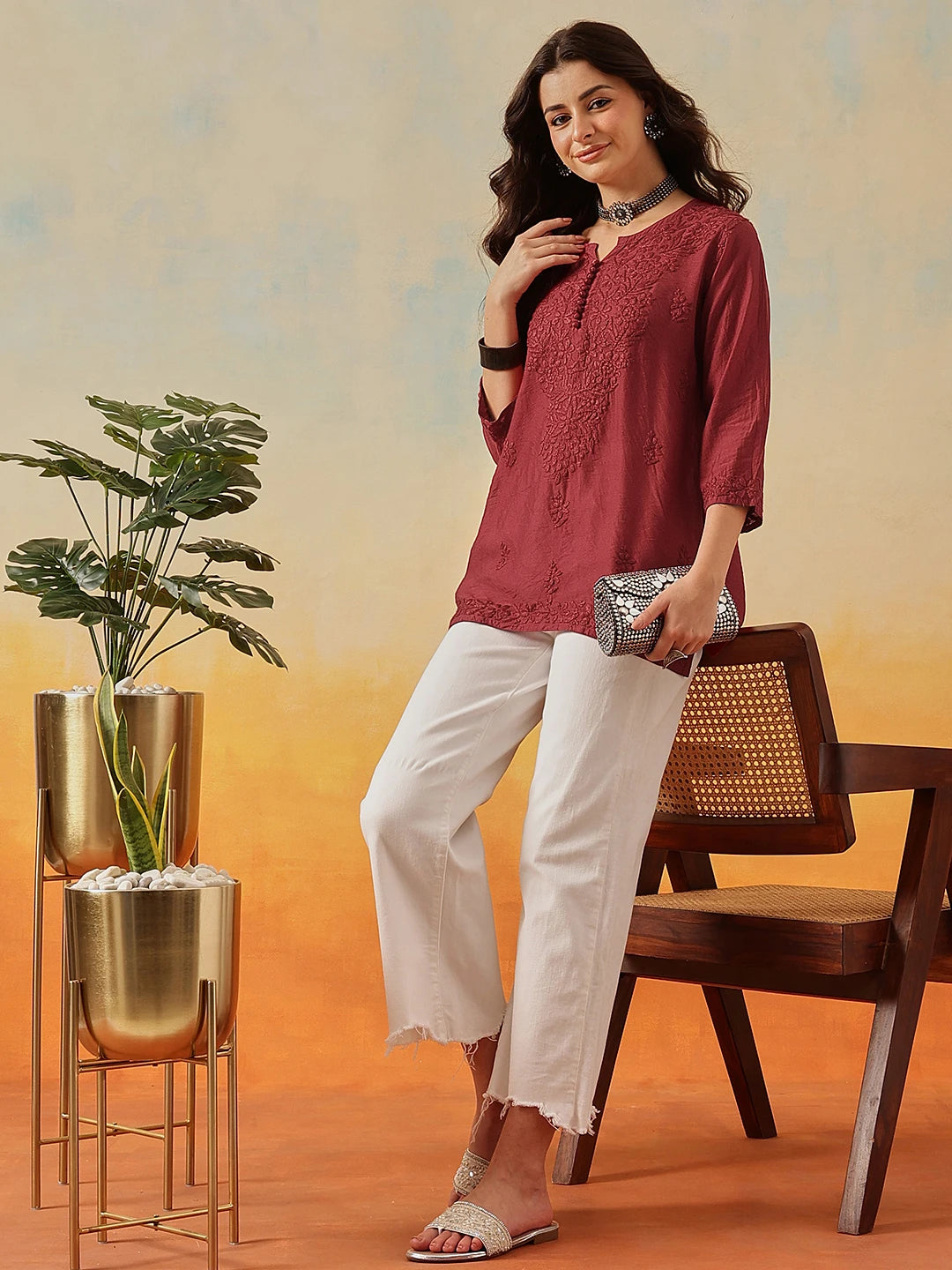 Ada Hand Embroidered Maroon Chanderi Lucknowi Chikankari Short Kurti A911509