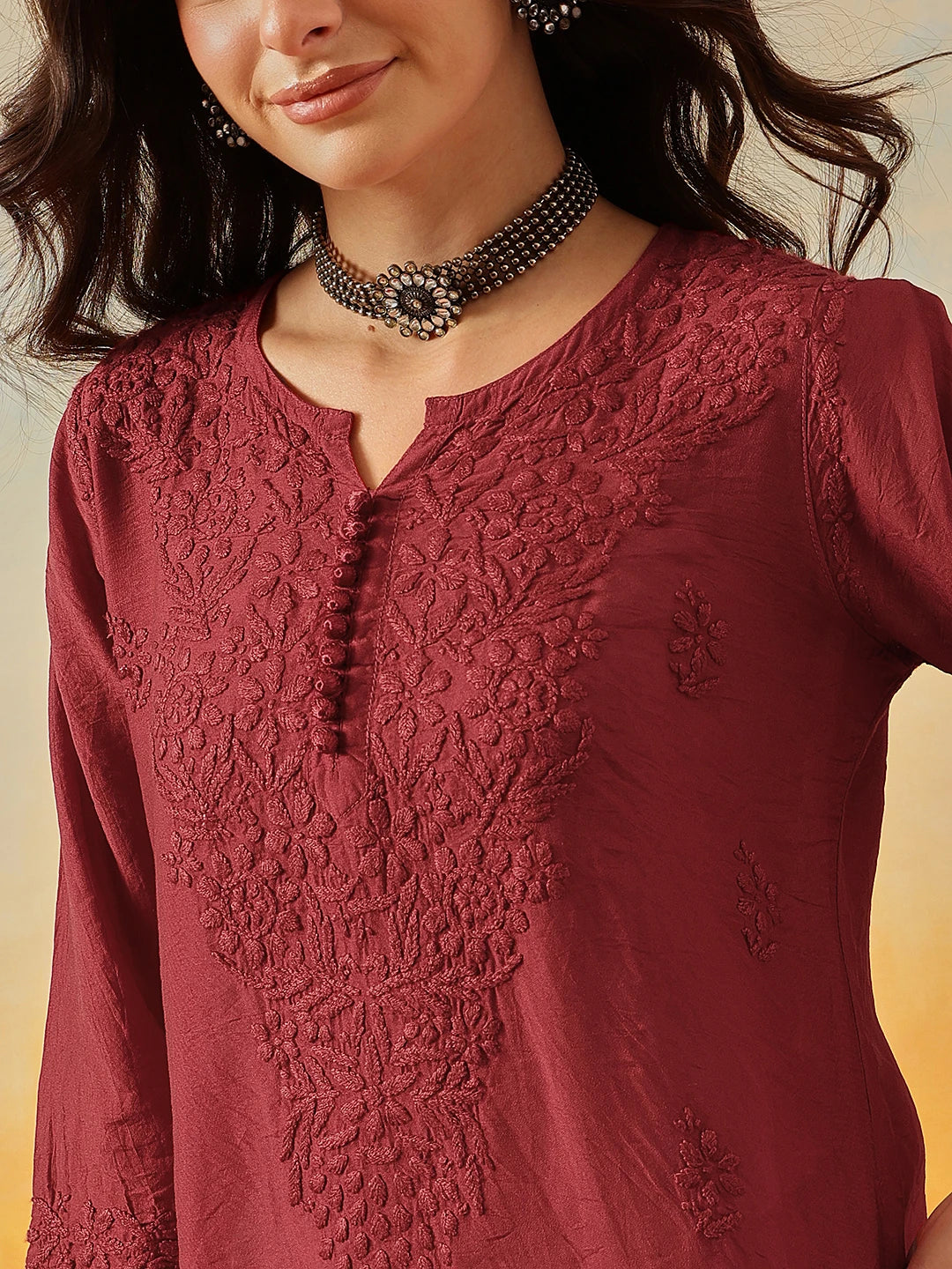 Ada Hand Embroidered Maroon Chanderi Lucknowi Chikankari Short Kurti A911509