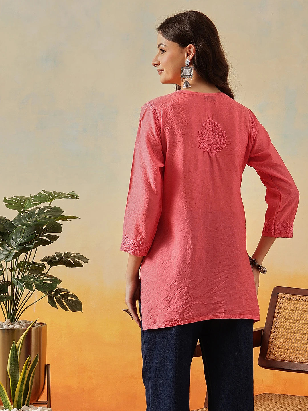 Ada Hand Embroidered Carrot Pink Chanderi Lucknowi Chikankari Short Kurti A911511