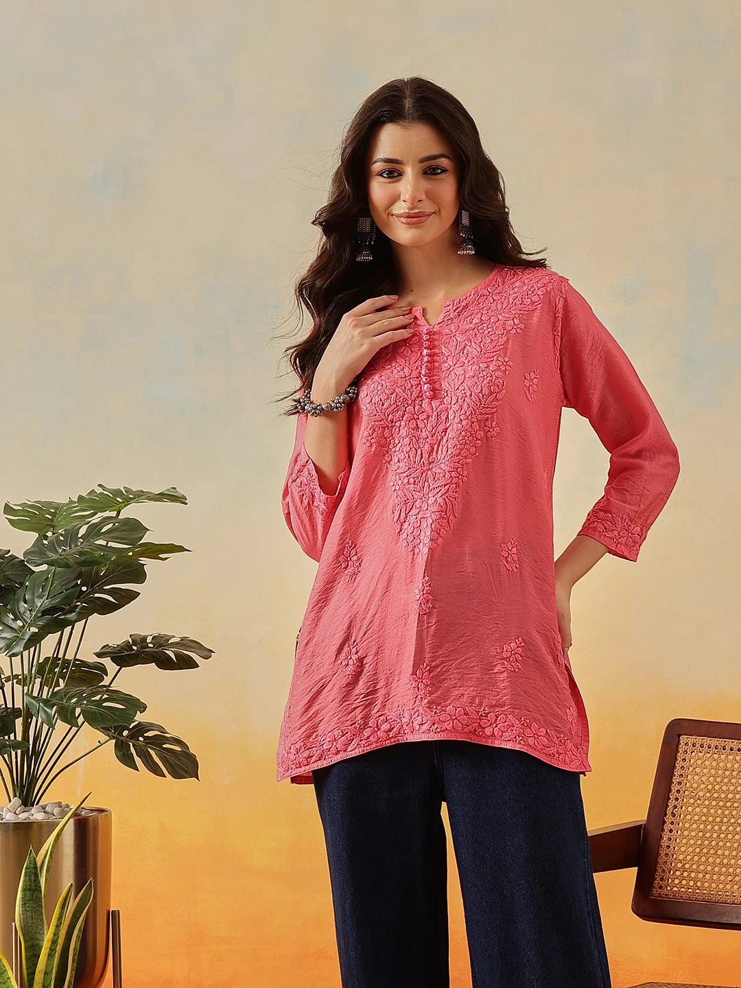 Ada Hand Embroidered Carrot Pink Chanderi Lucknowi Chikankari Short Kurti A911511