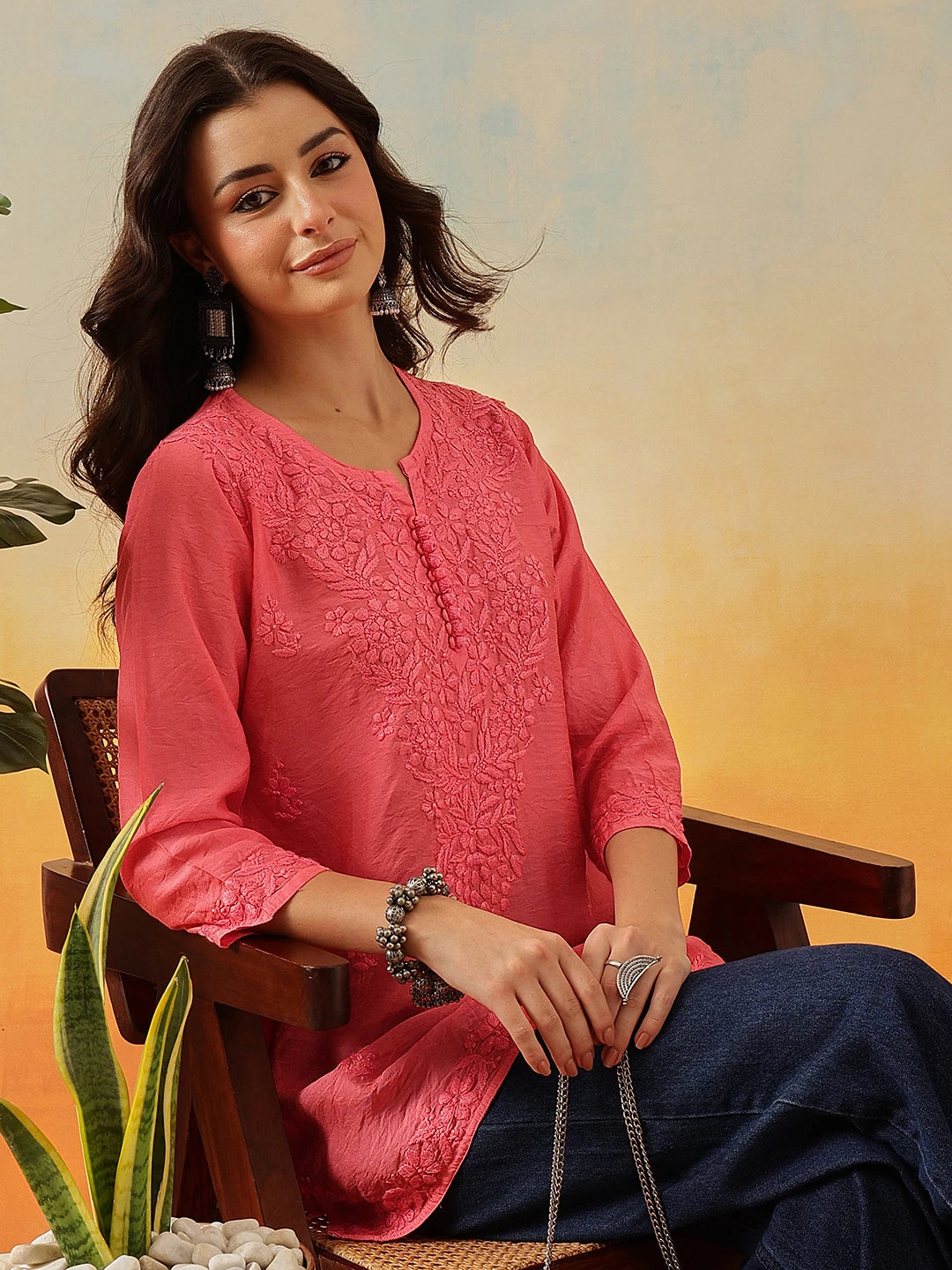 Ada Hand Embroidered Carrot Pink Chanderi Lucknowi Chikankari Short Kurti A911511