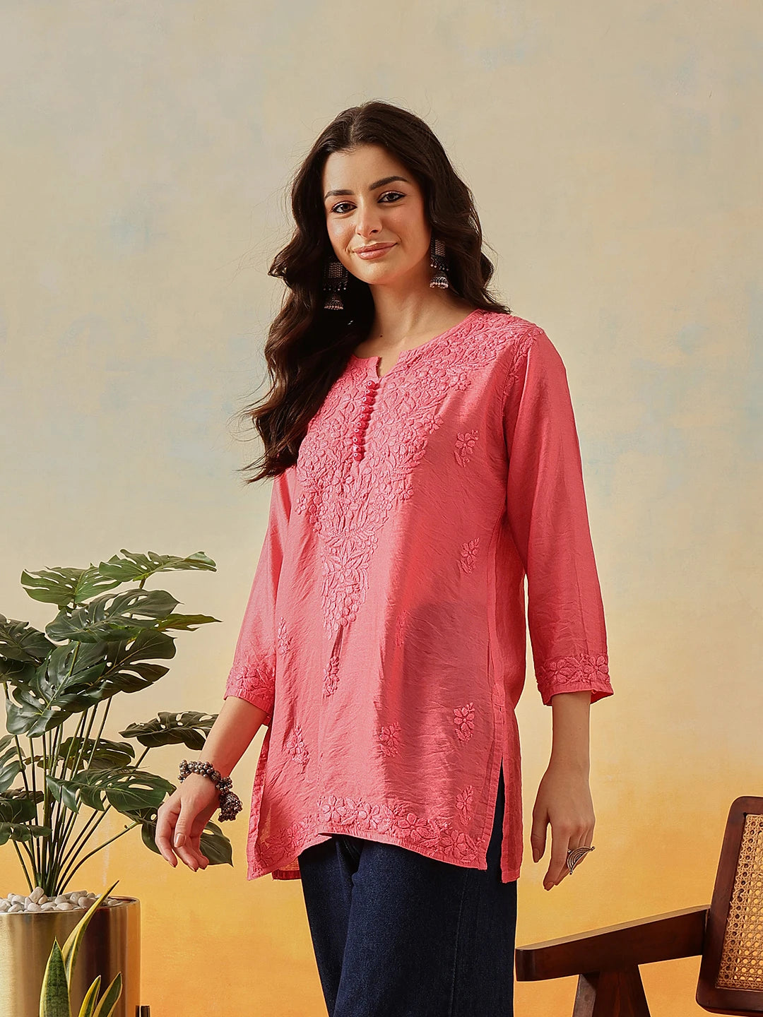 Ada Hand Embroidered Carrot Pink Chanderi Lucknowi Chikankari Short Kurti A911511