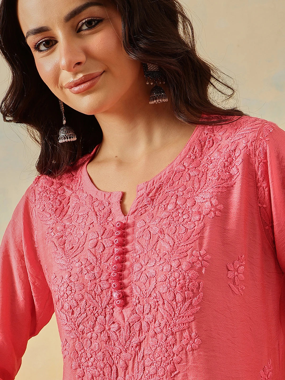 Ada Hand Embroidered Carrot Pink Chanderi Lucknowi Chikankari Short Kurti A911511