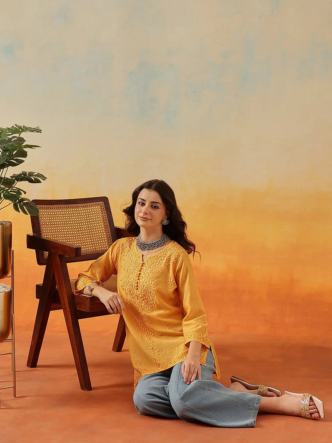 Ada Hand Embroidered Mustard Chanderi Lucknowi Chikankari Short Kurti A911512