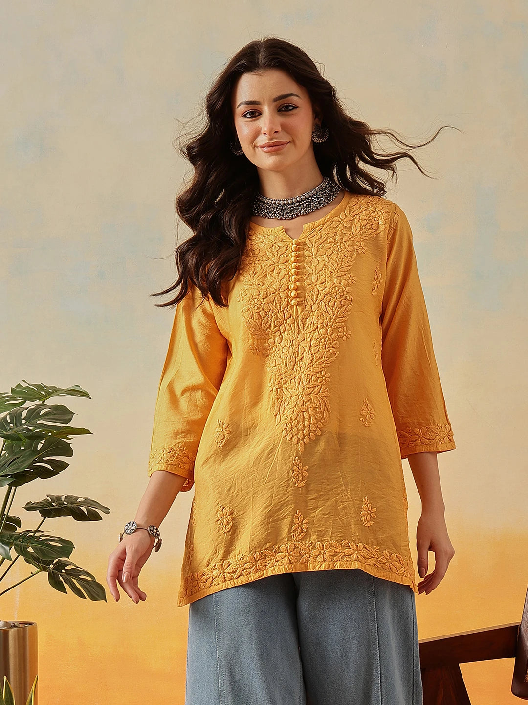 Ada Hand Embroidered Mustard Chanderi Lucknowi Chikankari Short Kurti A911512