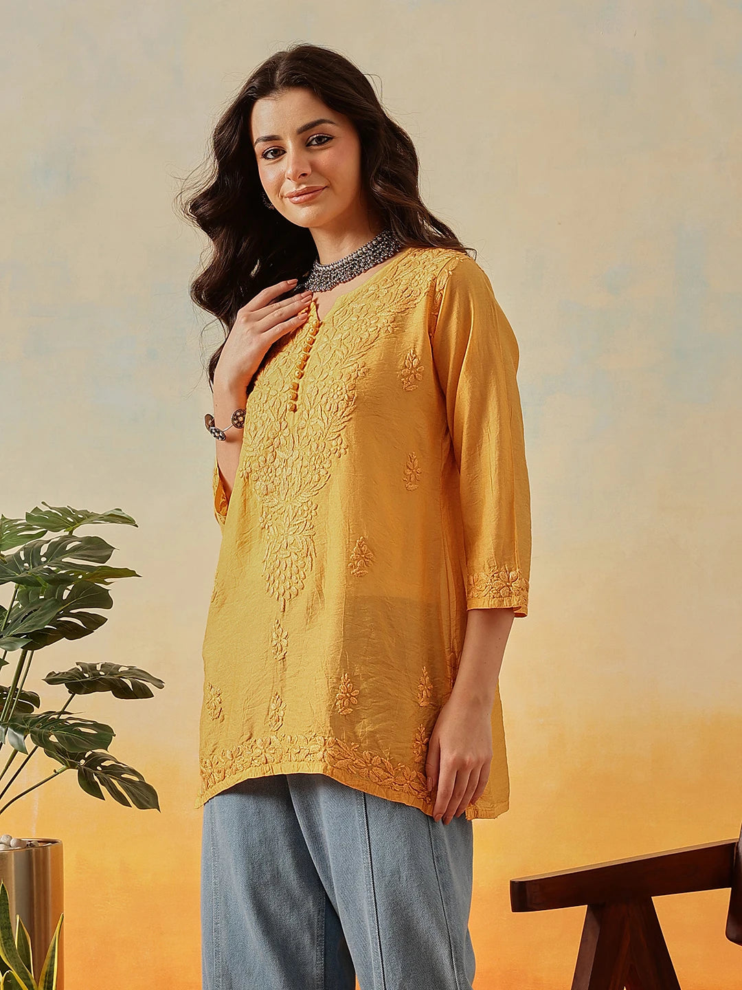 Ada Hand Embroidered Mustard Chanderi Lucknowi Chikankari Short Kurti A911512