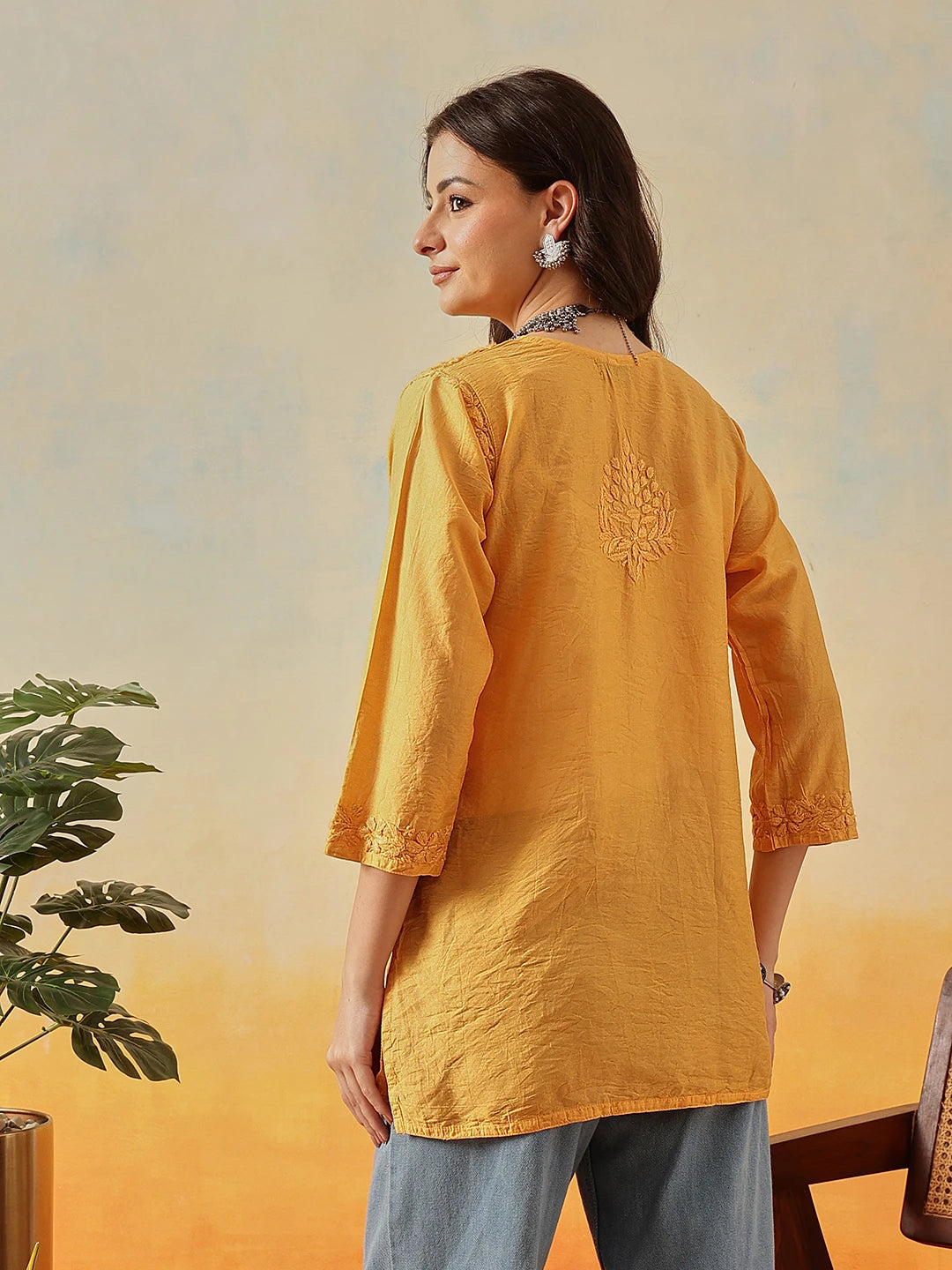 Ada Hand Embroidered Mustard Chanderi Lucknowi Chikankari Short Kurti A911512
