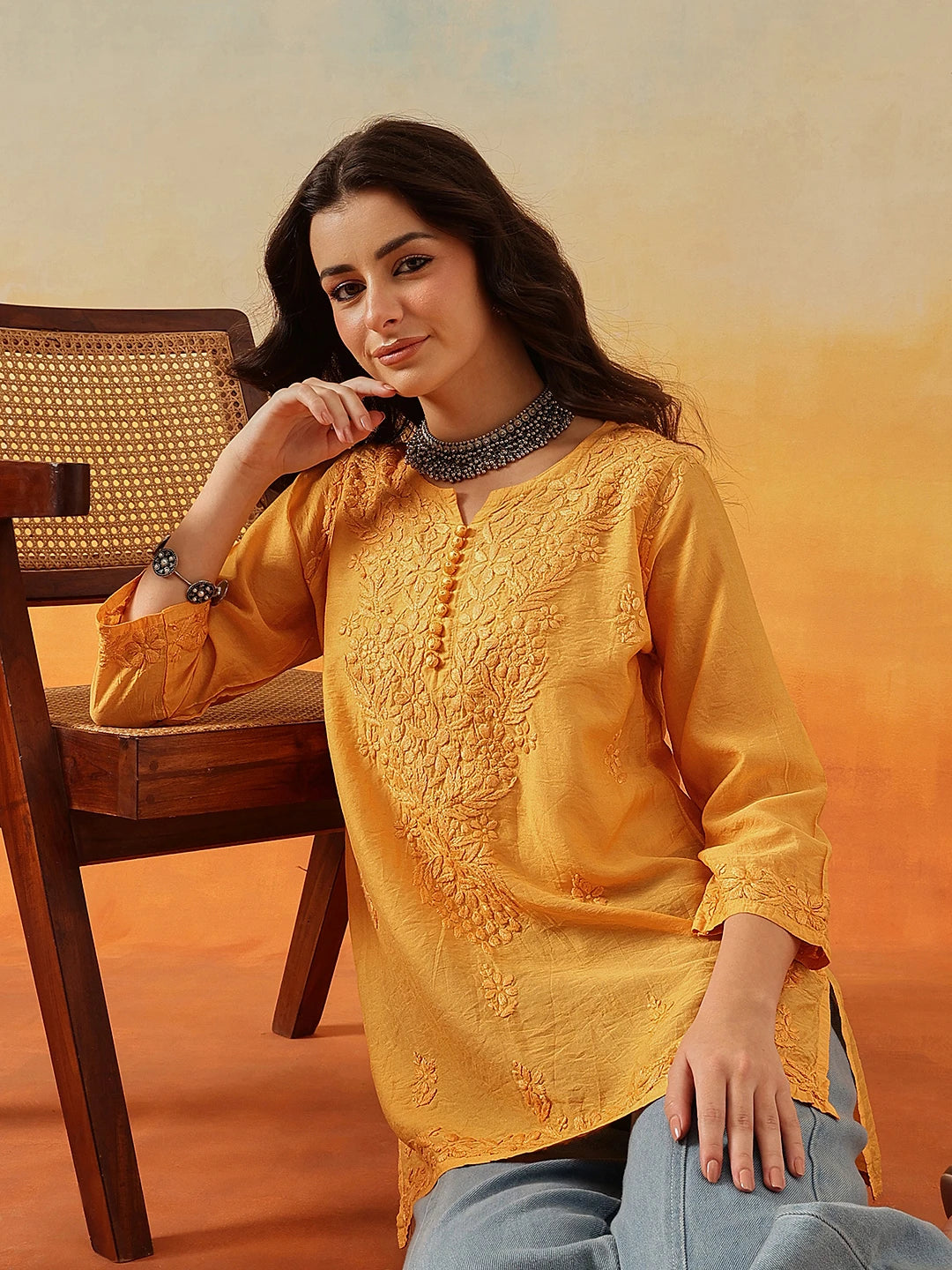 Ada Hand Embroidered Mustard Chanderi Lucknowi Chikankari Short Kurti A911512