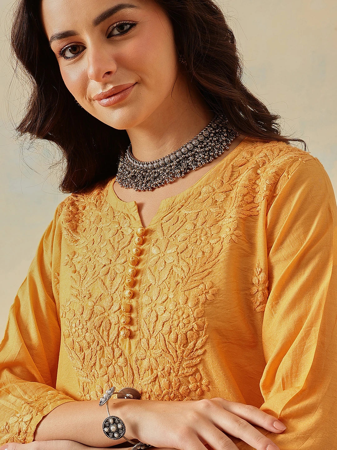 Ada Hand Embroidered Mustard Chanderi Lucknowi Chikankari Short Kurti A911512