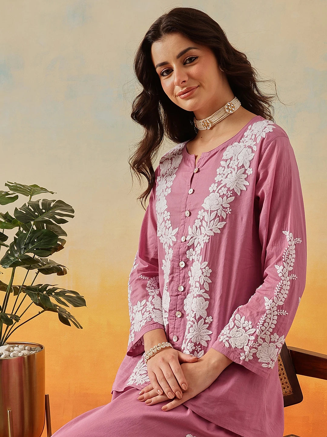 Ada Hand Embroidered Dark Mauve Cotton Lucknowi Chikankari Co-Ord Set A811344