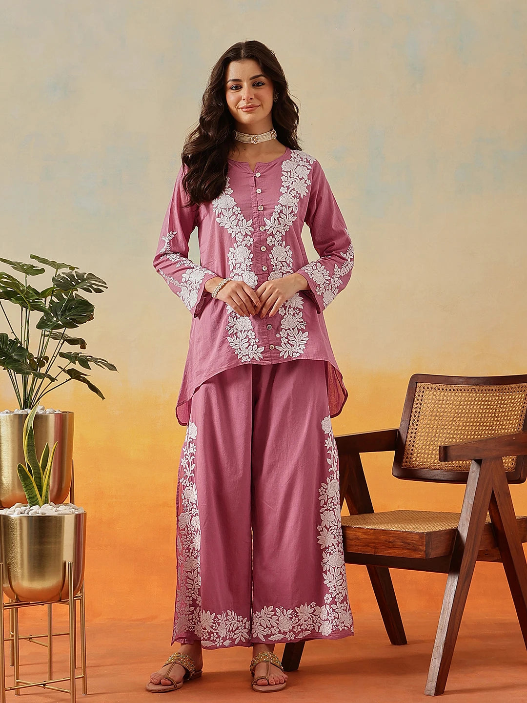 Ada Hand Embroidered Dark Mauve Cotton Lucknowi Chikankari Co-Ord Set A811344