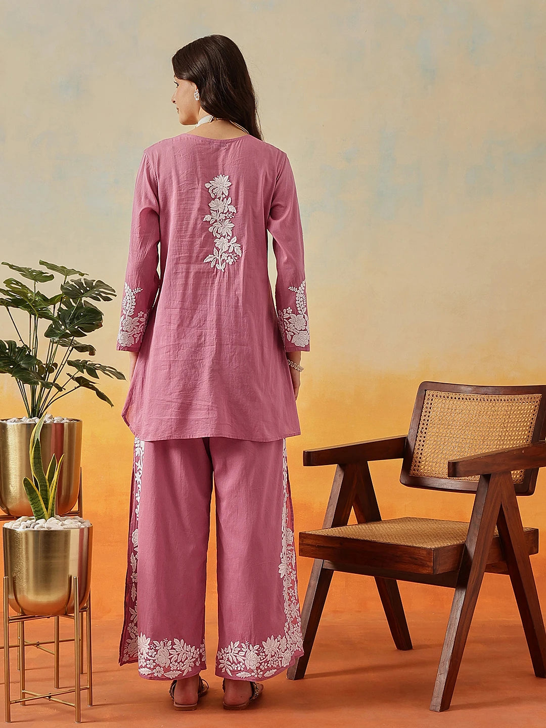Ada Hand Embroidered Dark Mauve Cotton Lucknowi Chikankari Co-Ord Set A811344