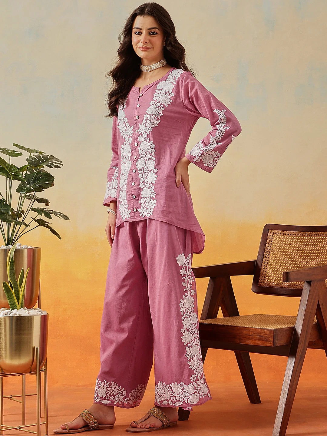 Ada Hand Embroidered Dark Mauve Cotton Lucknowi Chikankari Co-Ord Set A811344