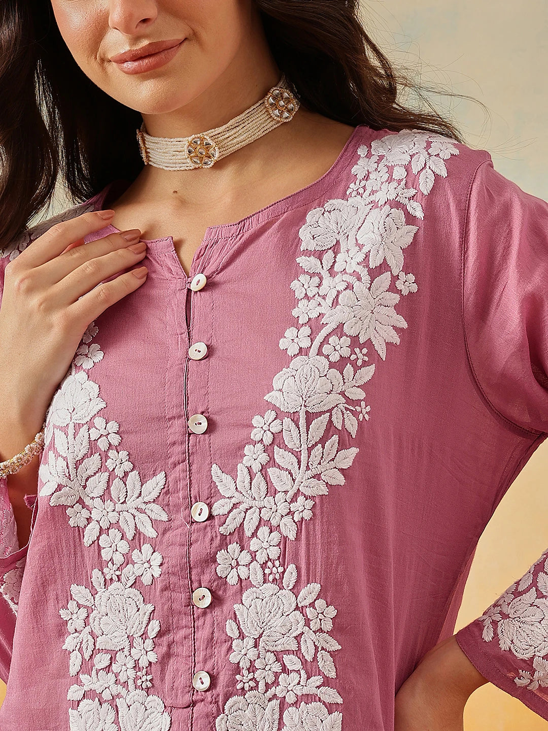 Ada Hand Embroidered Dark Mauve Cotton Lucknowi Chikankari Co-Ord Set A811344