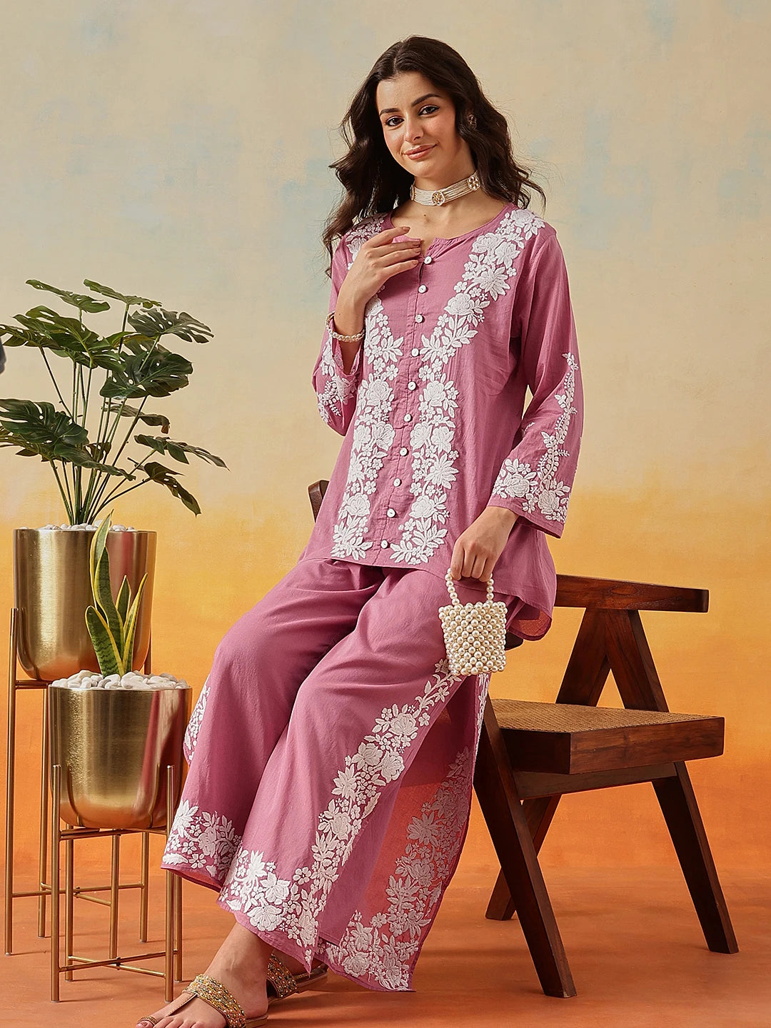 Ada Hand Embroidered Dark Mauve Cotton Lucknowi Chikankari Co-Ord Set A811344