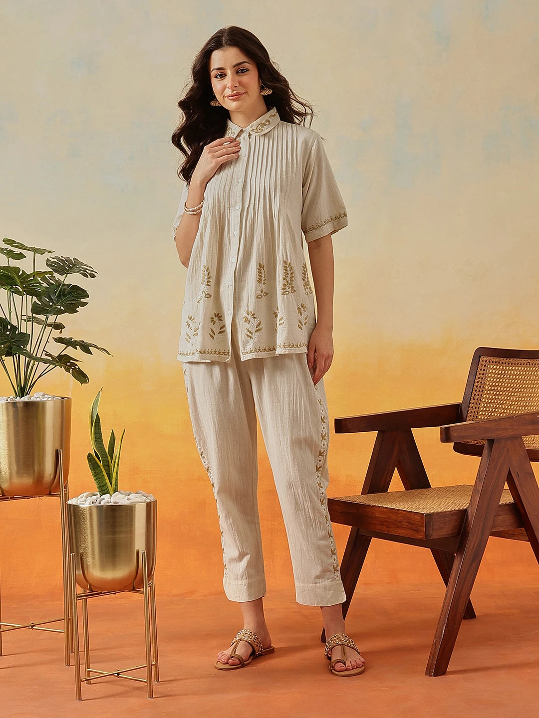 Ada Hand Embroidered Cream Khadi Cotton Lucknowi Chikankari Co-Ord Set A811347