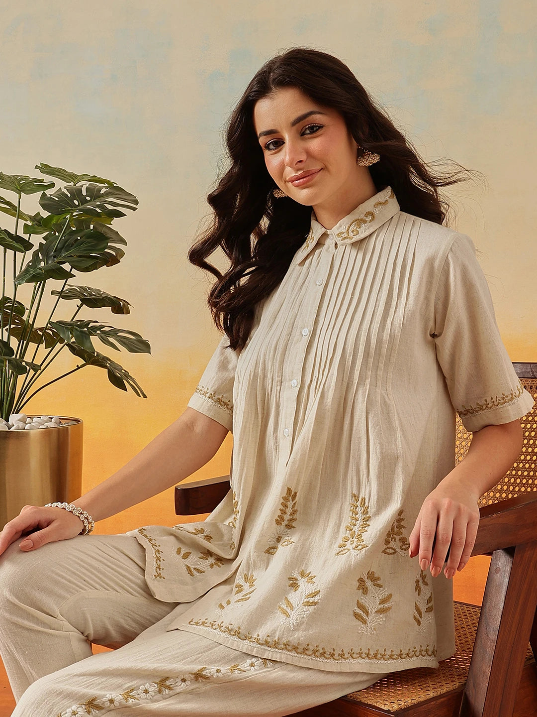 Ada Hand Embroidered Cream Khadi Cotton Lucknowi Chikankari Co-Ord Set A811347