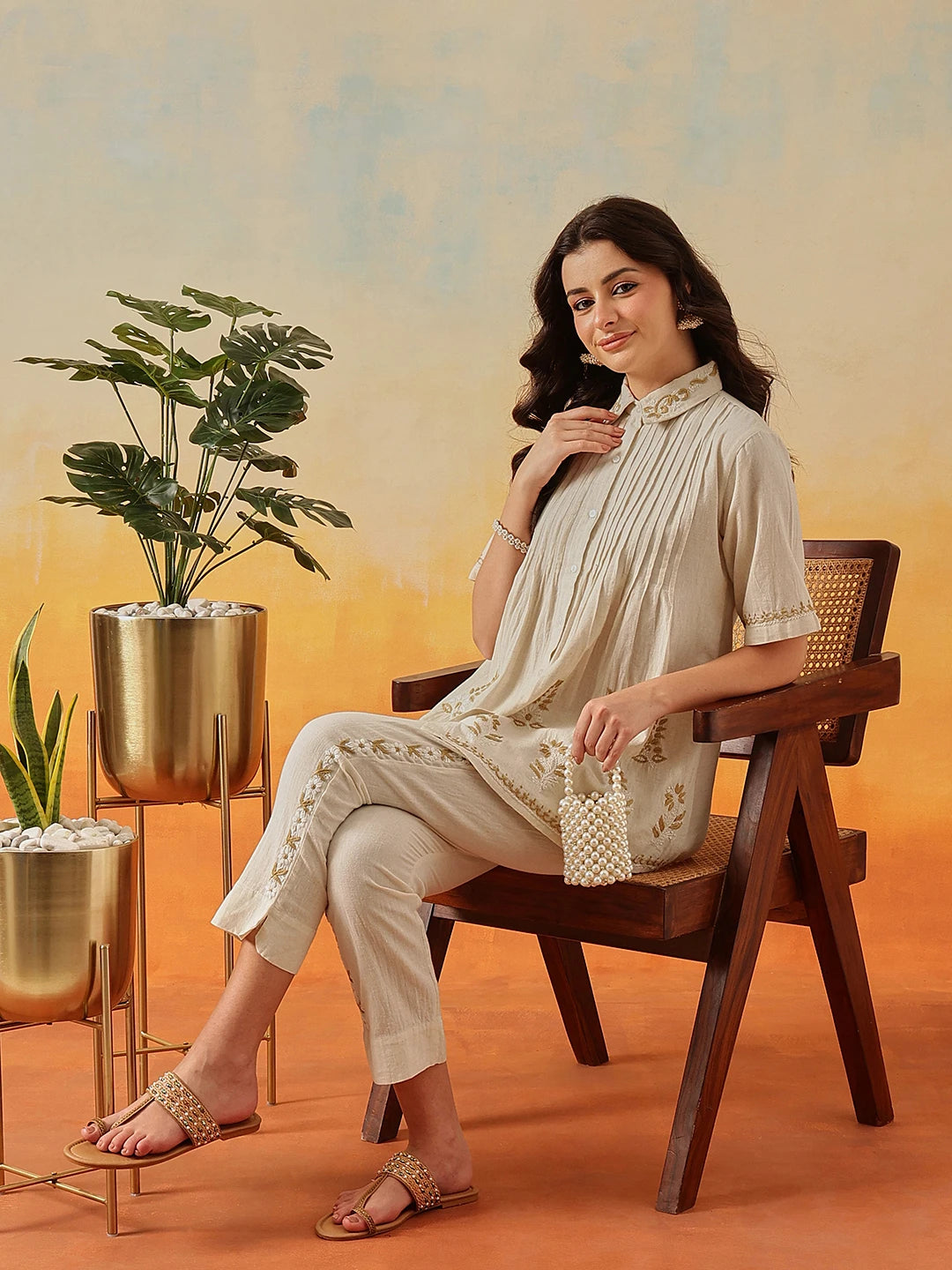 Ada Hand Embroidered Cream Khadi Cotton Lucknowi Chikankari Co-Ord Set A811347