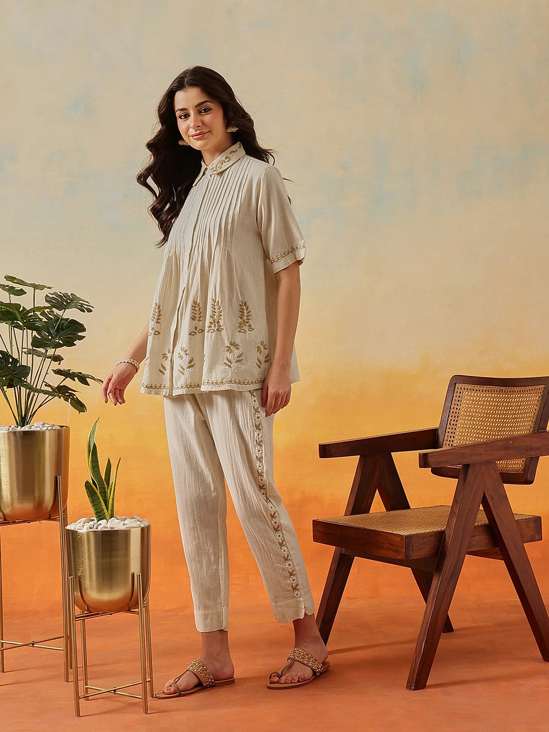 Ada Hand Embroidered Cream Khadi Cotton Lucknowi Chikankari Co-Ord Set A811347