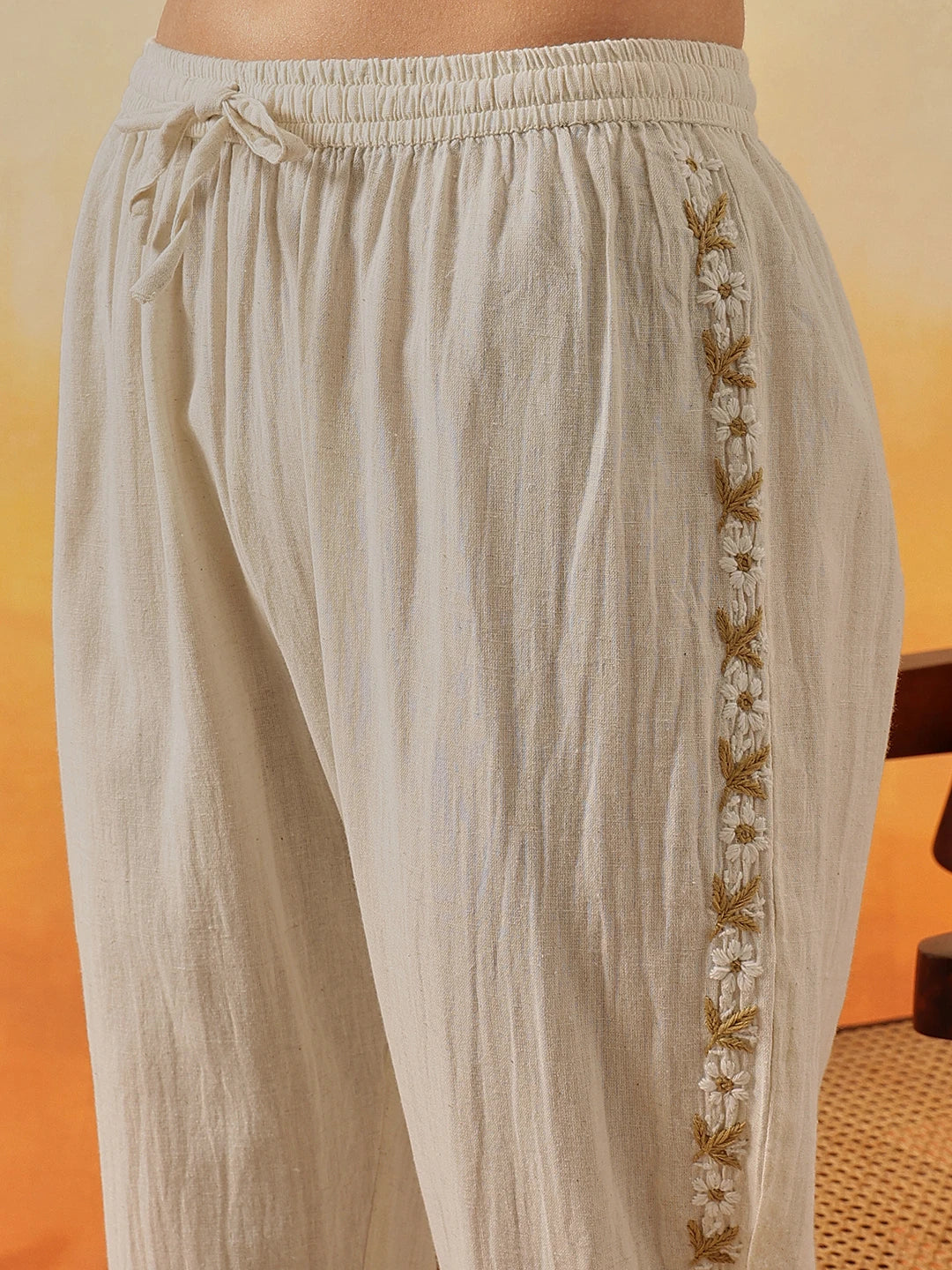 Ada Hand Embroidered Cream Khadi Cotton Lucknowi Chikankari Co-Ord Set A811347